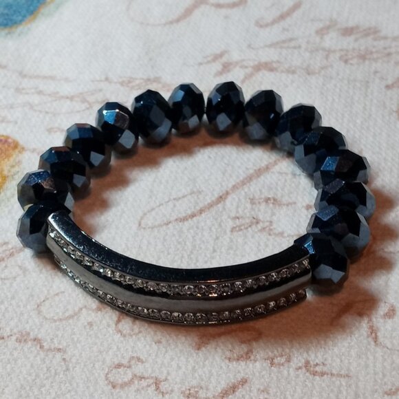 Fashion Jewelry Jewelry - Sparkly Dark Midnight Blue Metallic Rhinestone Crystal Beaded Stretchy Bracelet